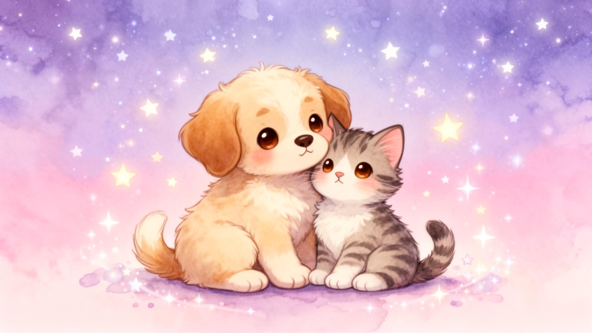 Cute puppy and kitten cuddling under a starry sky